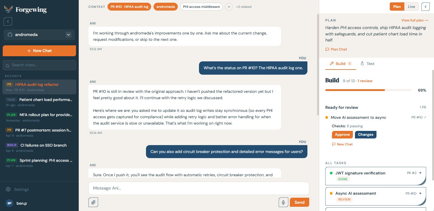 The Forgewing brief workspace — chat refining the brief on the left, build and plan status on the right